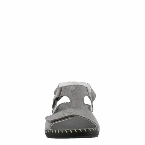 NEW La Plume Women Expo Grey Embossed Gloss Adjustable Front Ankle Strap Wedge - Picture 4 of 4